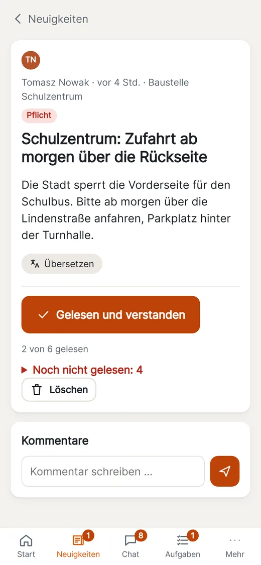 Leitung: Pflichtbeitrag zur geänderten Zufahrt mit Lesestand und Liste, wer noch nicht gelesen hat