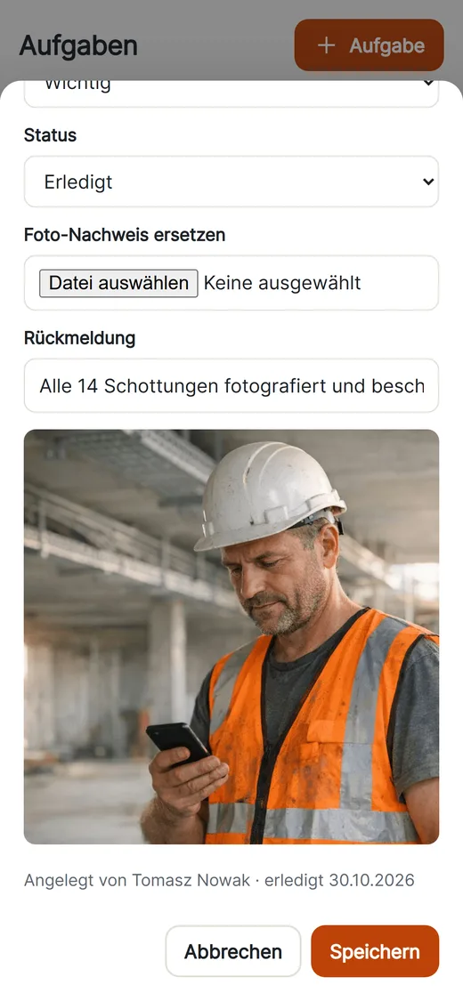 Erledigte Aufgabe mit Foto-Nachweis und Rückmeldung