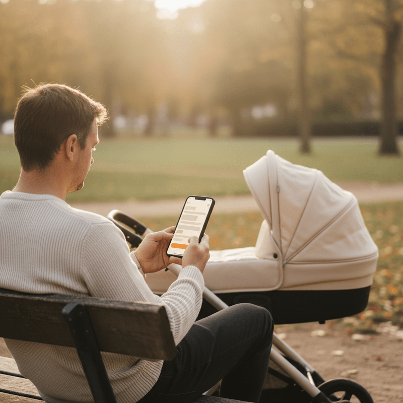 Mann mit Kinderwagen f&uuml;llt Antrag &uuml;ber Smartphone aus