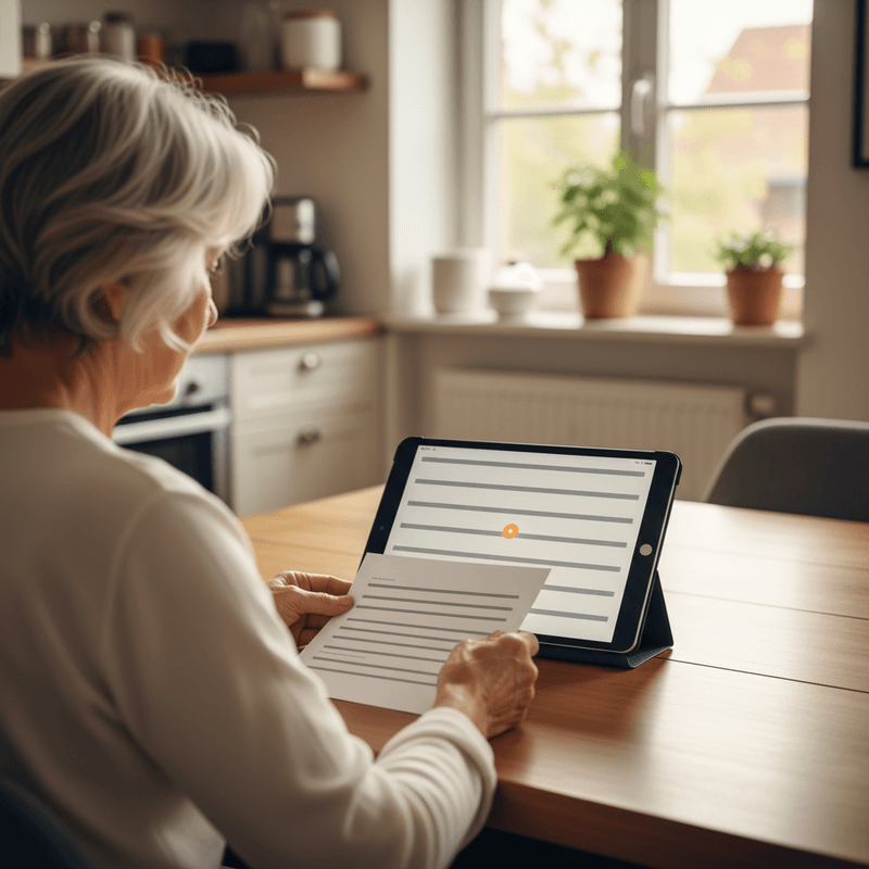 &Auml;ltere B&uuml;rgerin am K&uuml;chentisch h&auml;lt einen amtlichen Antrag, daneben schwebt ein digitales Hilfe-Panel mit Formularfeldern, im Hintergrund ein stilisiertes Rathaus