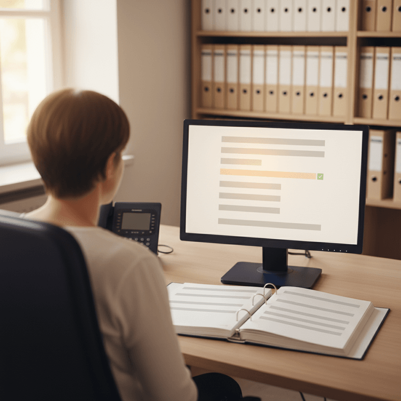 Sachbearbeiter im Rathaus vor Bildschirm mit eingehenden Antr&auml;gen