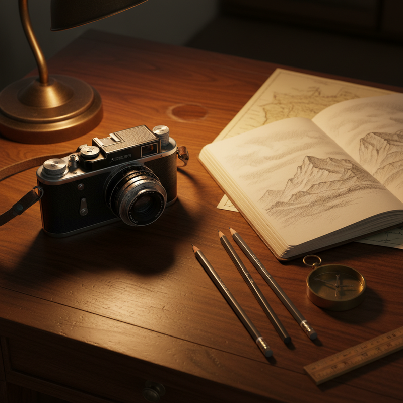 Dunkler Holzschreibtisch im warmen Lampenlicht mit einer Vintage-Zeiss-Kamera links und einem aufgeschlagenen Leder-Skizzenbuch mit Bleistiftzeichnung einer Gebirgslandschaft rechts, dazwischen drei gespitzte Graphitstifte