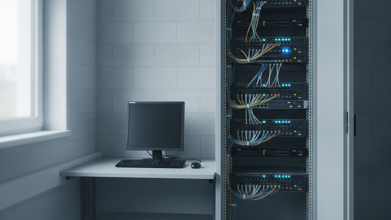 Serverschrank in einem kleinen Technikraum mit gesteckten Netzwerkkabeln und einem Arbeitsplatzrechner davor
