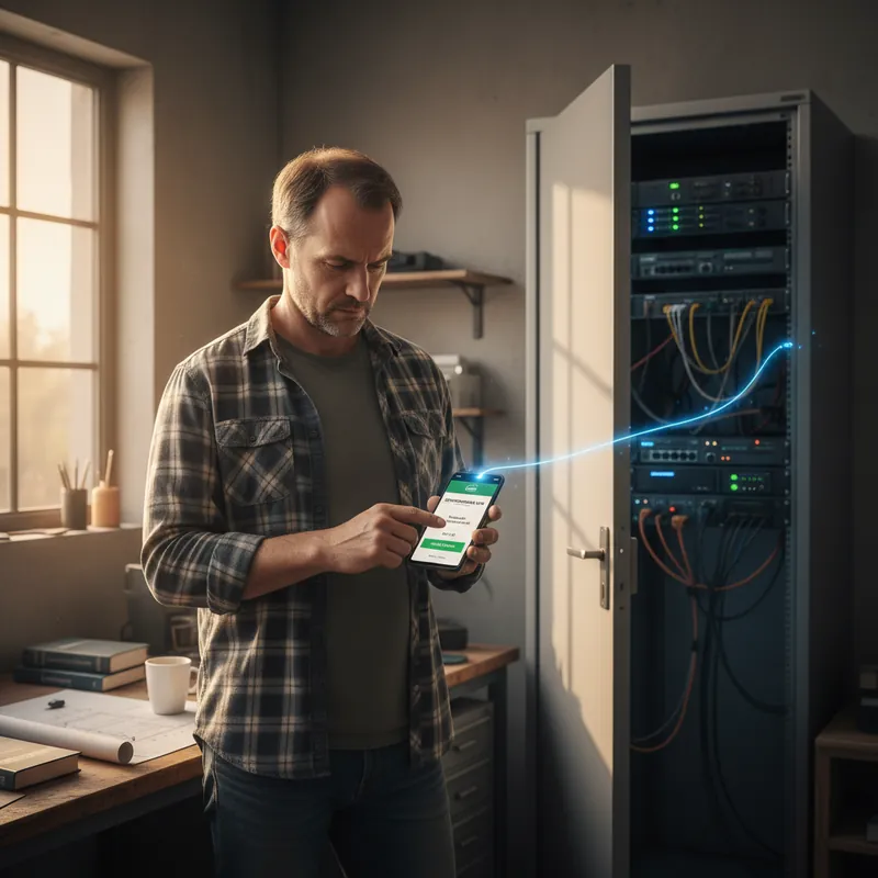 Mitarbeiter erfasst Zeit per Cloud-App, Server im Hintergrund