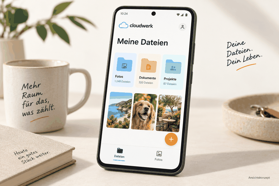 Android-Smartphone mit der Übersicht Meine Dateien, Ordner für Fotos, Dokumente und Projekte sowie Bildvorschauen