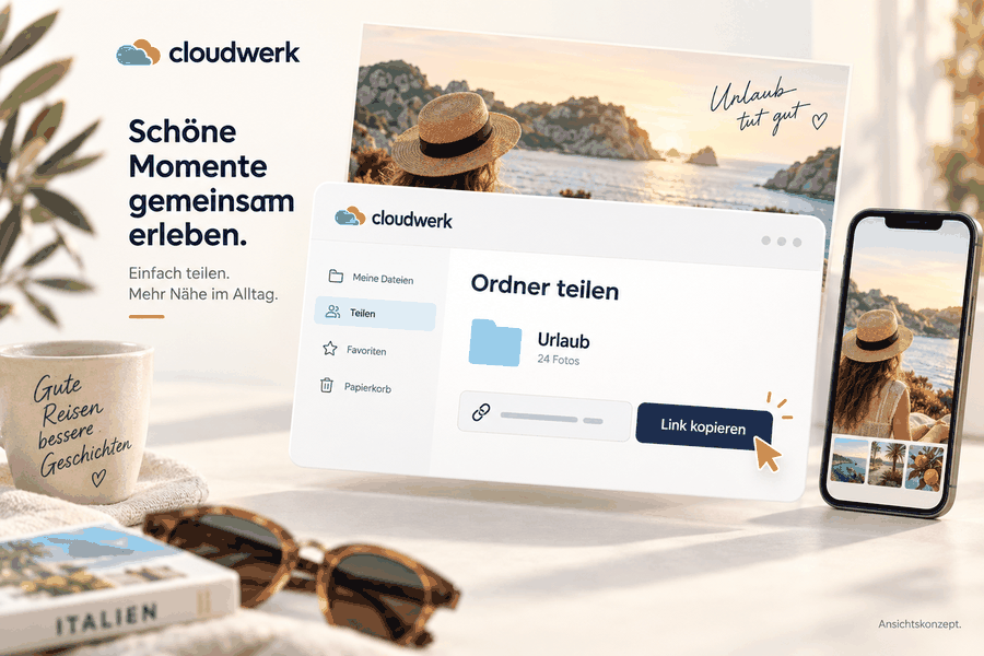 Browserfenster mit der Ansicht Ordner teilen: ein Urlaubsordner mit 24 Fotos und der Schaltfläche Link kopieren, daneben dasselbe auf dem Smartphone