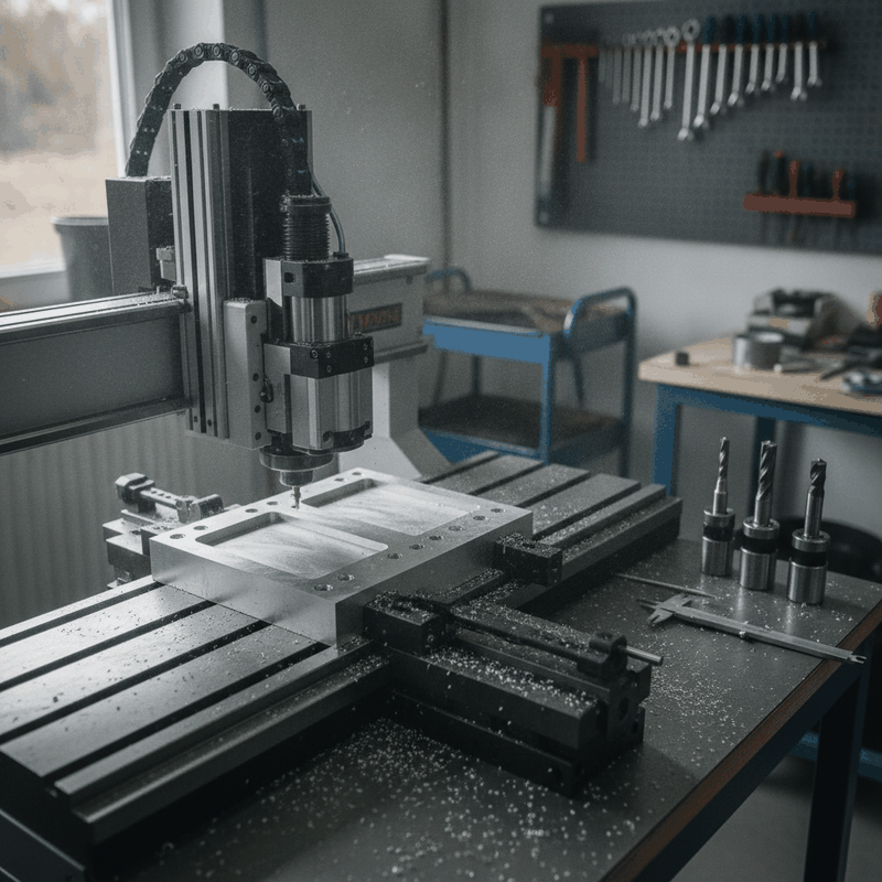 CNC-Portalfräse mit Frässpindel über einer auf dem Nutentisch aufgespannten Aluminiumplatte, Späne auf dem Tisch, daneben Schaftfräser in Spannzangenhaltern und ein Messschieber