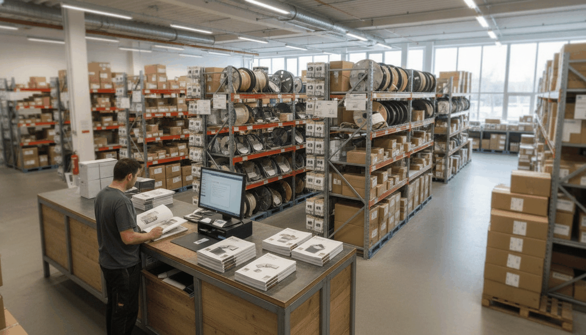 Theke eines Elektro-Großhandels mit Katalogen, Bildschirm und Regalen voller Kabeltrommeln