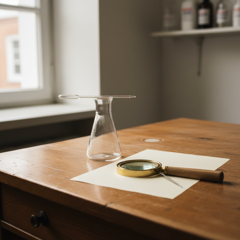 Glas-Kolben mit Pipette, Messing-Lupe und Werkzeug auf Holztisch — Sinnbild für sorgfältige Prüfung eines unbekannten Objekts