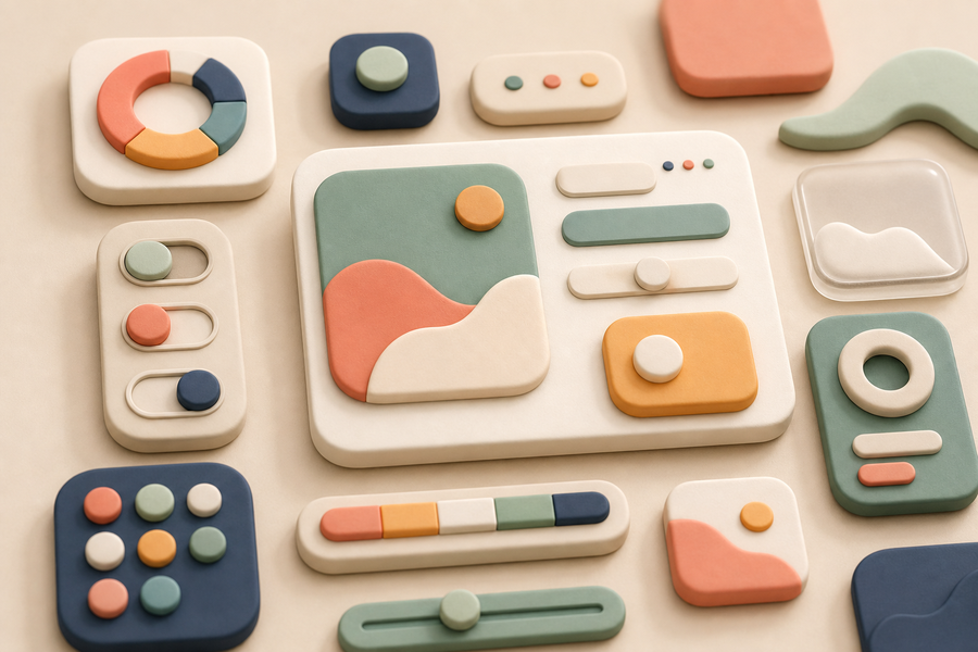 Weiche 3D-UI-Elemente im Claymorphism-Stil mit Pastellfarben, runden Karten und sanften Schatten