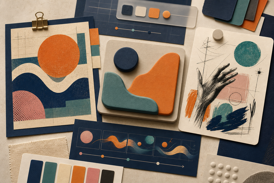 Branding-Moodboard mit moderner Typografie, Retro-Textur, 3D-Objekt, Skizzenkarte und Motion-Storyboard