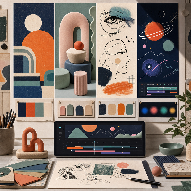 Moodboard mit Retro-Illustration, Clay-3D-Objekt, Skizzenkarten und Motion-Storyboard als Design-Trends 2027