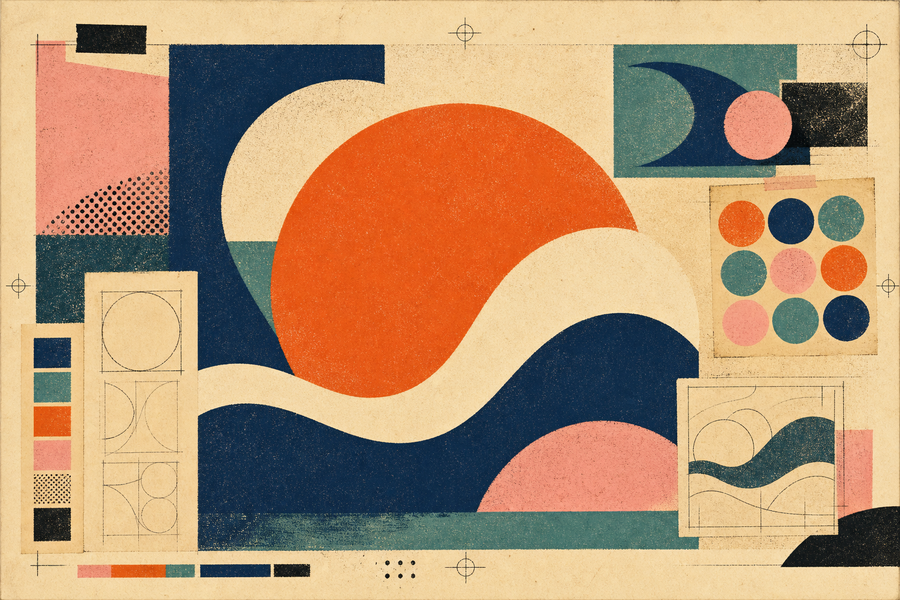 Retro-Vektor-Illustration mit Risographie-Körnung, versetzten Druckfarben und organischen Formen