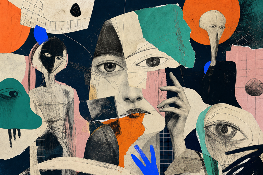 Experimentelles Weird-Core-Moodboard mit Skizzen, Collage, rauen Linien und mutigen Farben