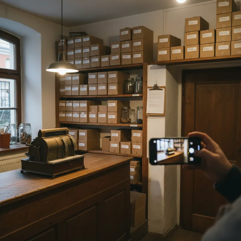 Kleines Lager mit Regalen, Material und Tablet-Bestandsliste für eine Video-Inventur