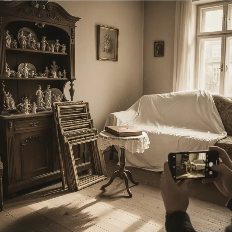 Wohnzimmer mit Regalen, Bildern und Kartons wird per Smartphone für eine Nachlassliste gefilmt