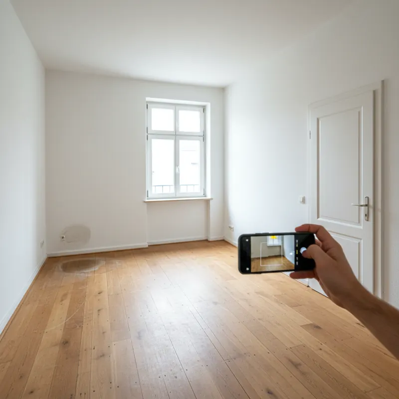 Leere Wohnung mit Smartphone, Mängelliste und PDF-Protokoll für Mietübergabe