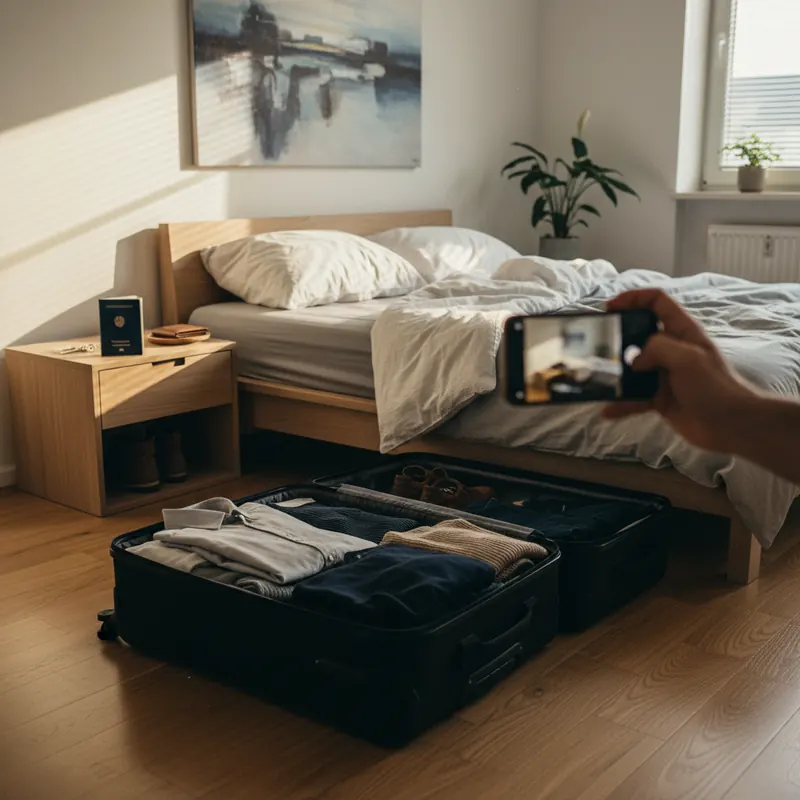 Koffer, Smartphone und Unterkunfts-Protokoll auf Tisch als Reise-Dokumentation