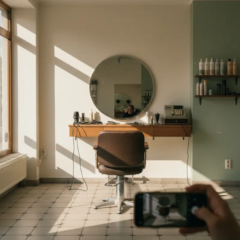 Kleiner Betrieb mit Geräten, Regalen und Verkaufsliste wird für eine Schließungs-Inventur gefilmt