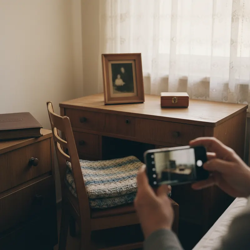Wohnung älterer Eltern mit Erinnerungsstücken und Kartons wird behutsam per Smartphone dokumentiert