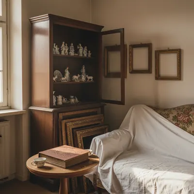 Geerbtes Wohnzimmer mit altem Schrank, Porzellanfiguren, Fotorahmen und Fotoalbum