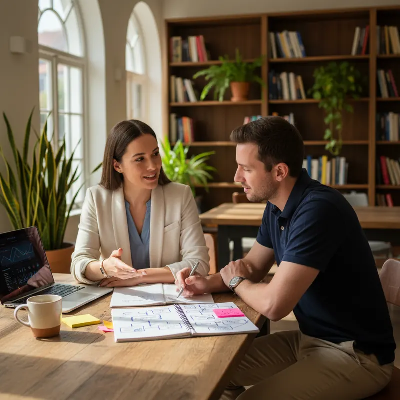 Beraterin und Kleinunternehmer besprechen Digitalisierungs-Schritte an einem Holztisch