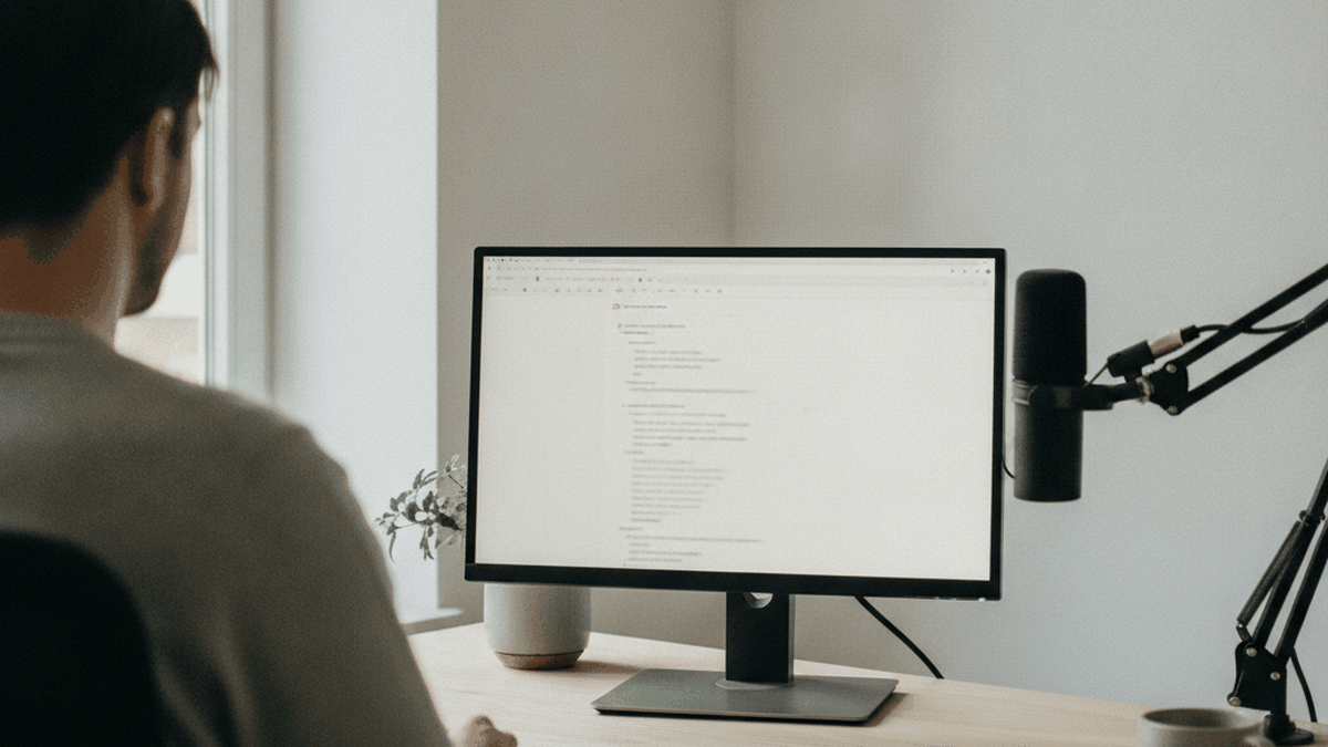 Blick über die Schulter auf einen Arbeitsplatz: Monitor mit entstehendem Text, Mikrofon am Schwenkarm seitlich neben dem Bildschirm