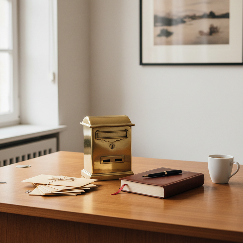 Messing-Briefkasten mit Briefstapel, Leder-Adressbuch und Füllfeder auf Holzschreibtisch — Sinnbild für zuverlässige Mail-Zustellung