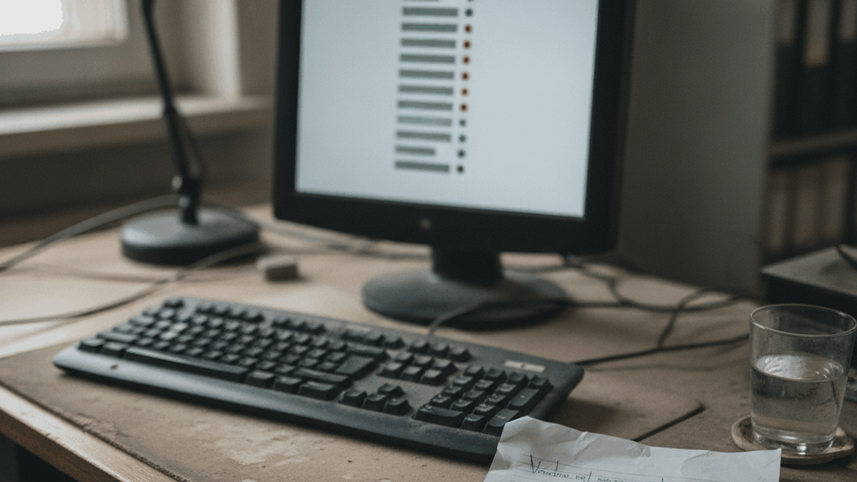 Schreibtisch mit Tastatur und Monitor, auf dem eine Liste grauer Zeilen mit grünen und roten Punkten steht, daneben ein Zettel mit Notizen und ein Wasserglas