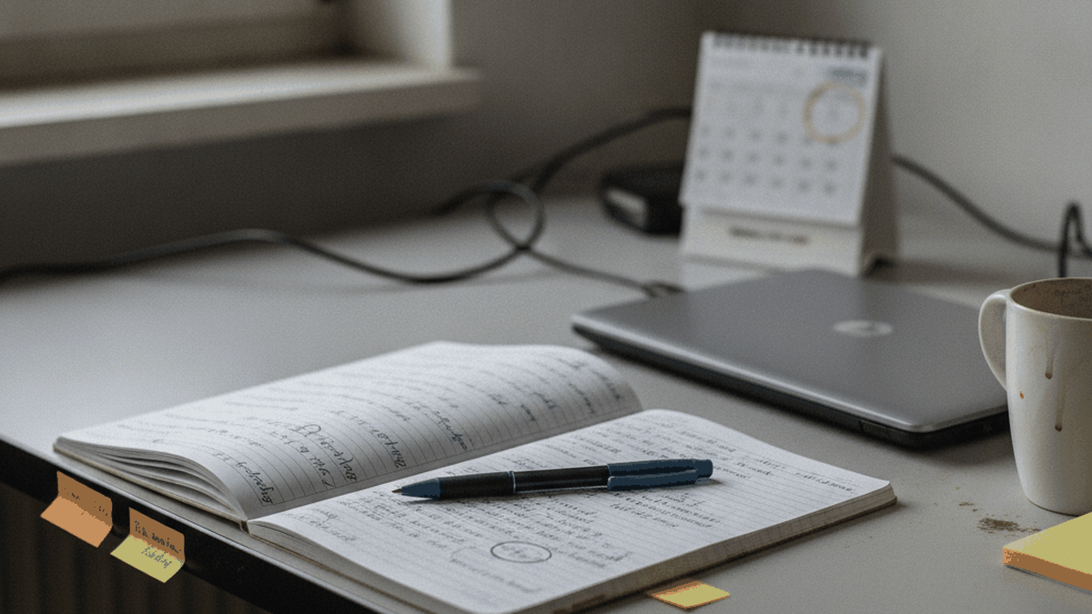 Schreibtisch mit aufgeschlagenem Notizbuch voller durchgestrichener Namensideen, Kugelschreiber, Laptop und Tischkalender mit markiertem Tag