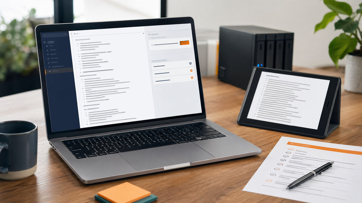 Laptop mit bereinigtem Textdokument, Tablet mit Textvorschau und internes Speichersystem im Hintergrund als Symbol für sichere Textübergabe per Link