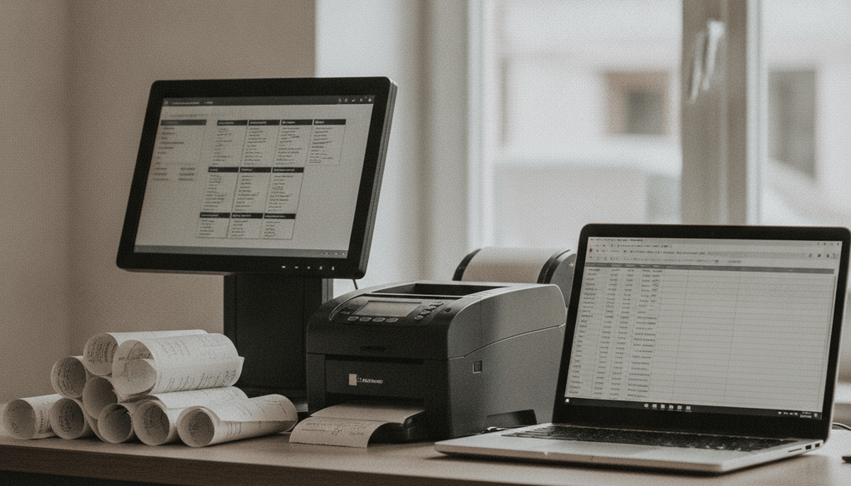 Kassentresen mit Bondrucker und Notebook mit Tabellenansicht im Hintergrund