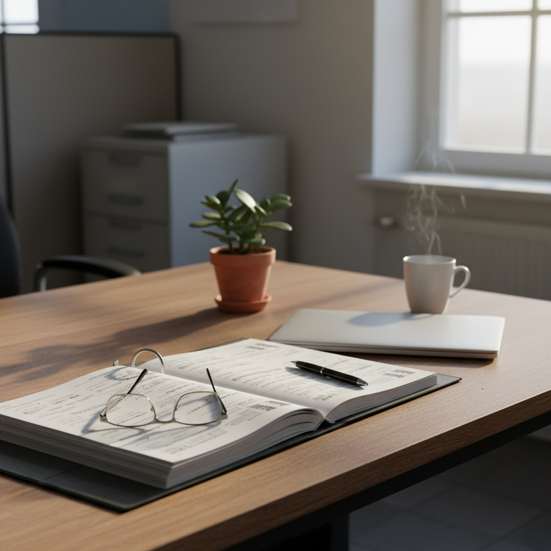 Schreibtisch in einem deutschen B2B-Büro mit aufgeschlagenem DSGVO-Aktenordner, Laptop, Brille und Kaffeetasse, Tageslicht von rechts