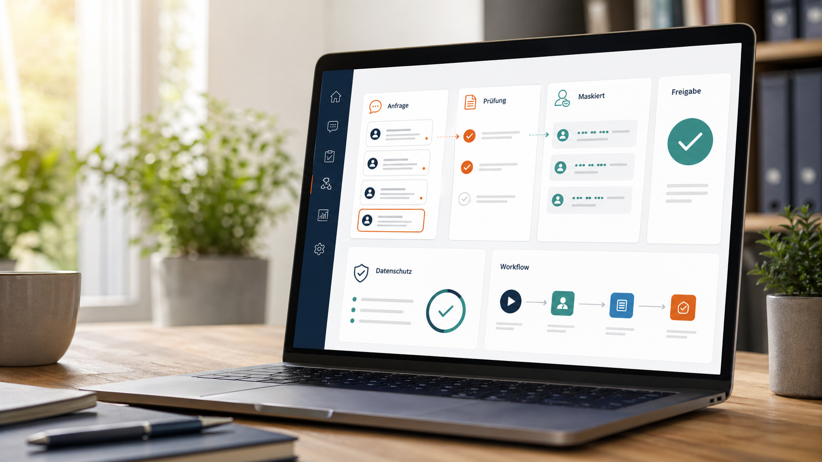 Laptop mit Datenschutz-Dashboard für KI-Automation, maskierte Anfragen und Freigabe-Schritt