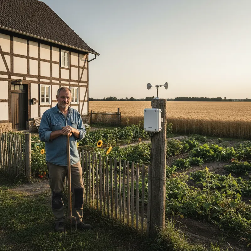 Bio-Bauer mit Forke vor Fachwerkhof, Sensor-Box am Zaunpfosten zwischen Gemüsebeeten und Getreidefeld