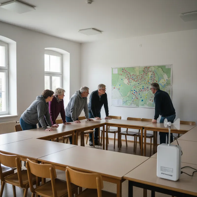 Bürgerinitiative im Versammlungsraum vor Karte mit Sensor-Standorten, Beispiel-Sensor-Box auf dem Tisch