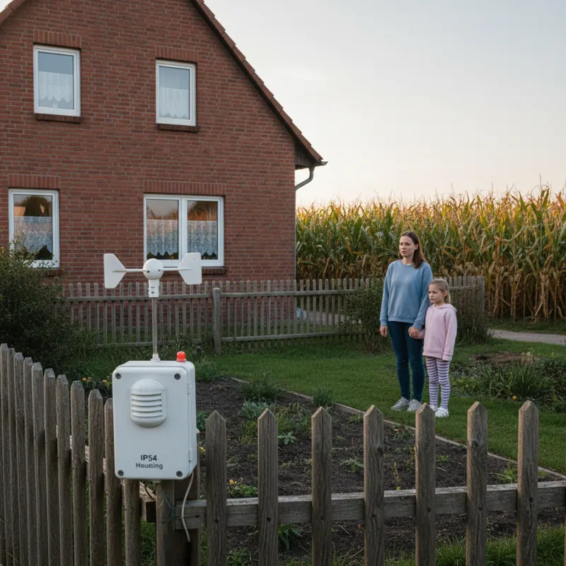 Reihenhaus am Ortsrand mit Maisfeld dahinter, Sensor-Box am Gartenzaun, Mutter mit Tochter im Garten