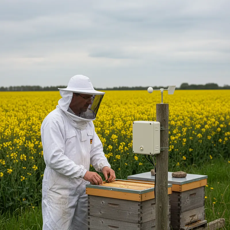 Imker im Schutzanzug am Bienenstand vor Rapsfeld, Sensor-Box am Pfosten neben den Beuten