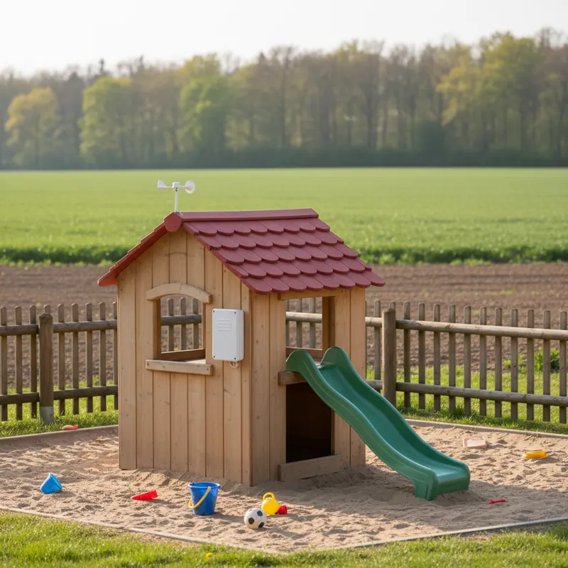Kindergarten-Spielhaus am Feldrand mit kleiner Sensor-Box seitlich montiert