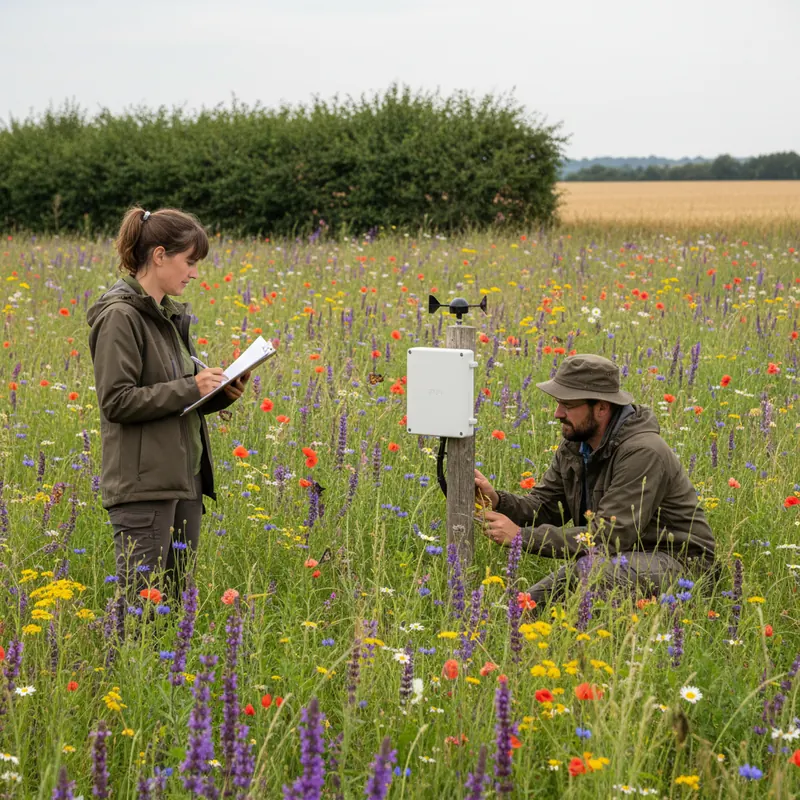 Zwei Naturschutz-Mitglieder bei Wartung einer Sensor-Box in Wildblumenwiese