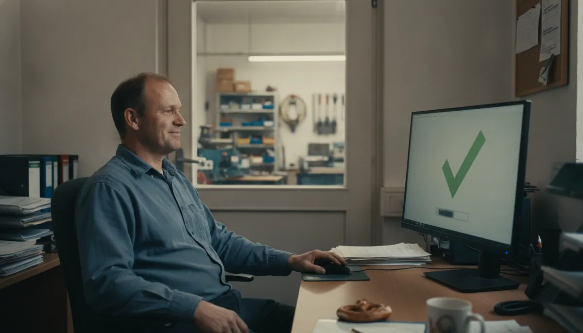 Inhaber eines Handwerksbetriebs sieht auf dem Monitor ein bestandenes Prüfergebnis seiner E-Rechnung