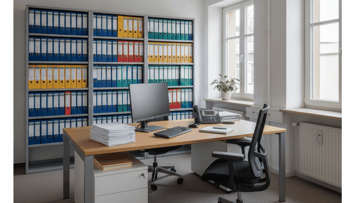 Steuerbüro mit Regalwand voller Aktenordner, Schreibtisch mit Bildschirm und Belegstapel