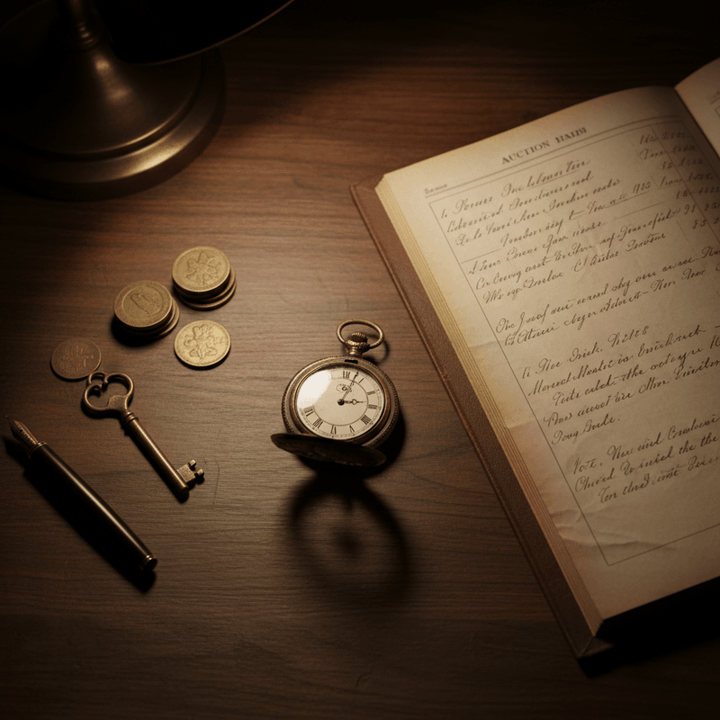 Messing-Taschenuhr kurz vor 12 auf einem dunklen Schreibtisch mit aufgeschlagenem Auktionskatalog und Sammlerst&uuml;cken