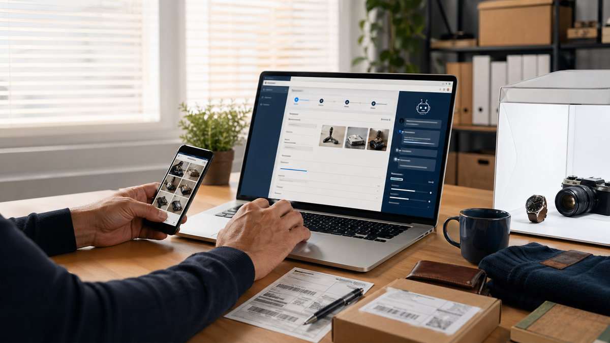 Arbeitsplatz mit Produktfotos, Versandetiketten und KI-Agent, der eine Auktionsmaske im Browser vorbereitet