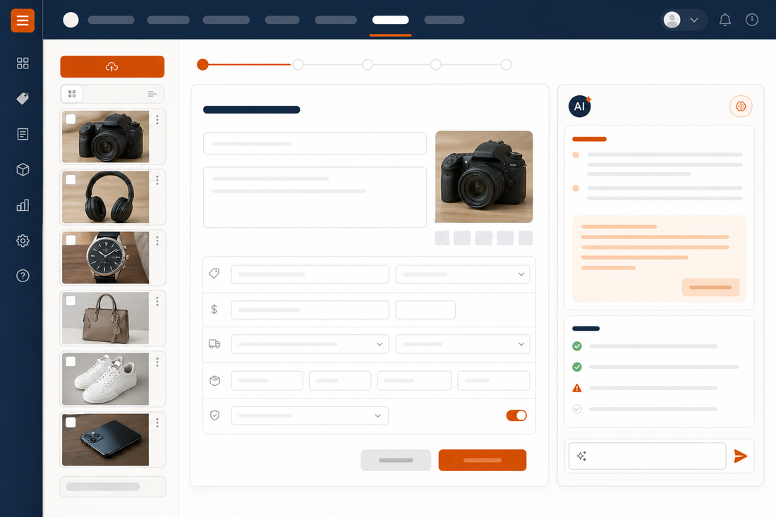 Mockup eines eBay-ähnlichen Angebots-Dashboards mit Produktfotos, Formularfeldern und KI-Prüfpanel