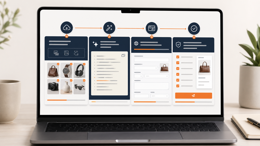 Workflow-Mockup mit Foto-Upload, Prompt-Regeln, automatischem Ausfüllen und finaler Prüfung
