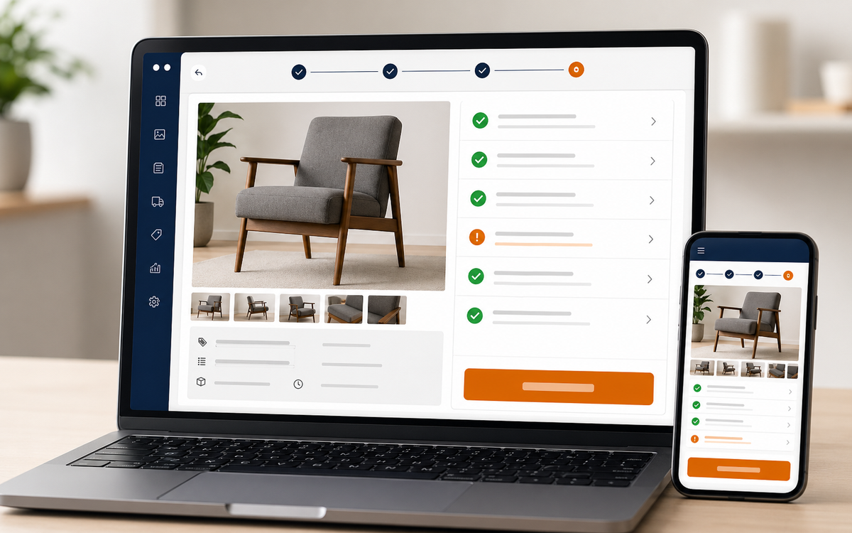 Mockup einer finalen Prüfliste vor dem Veröffentlichen eines eBay-Angebots