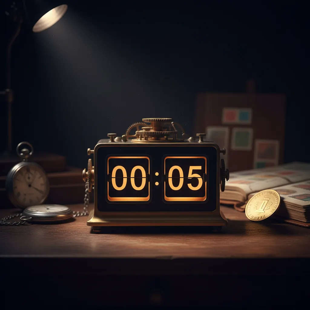 eBay-Auktionsjäger &ndash; Split-Flap-Countdown zeigt 00:05 Sekunden vor Auktionsende neben Taschenuhr und Sammlerst&uuml;cken