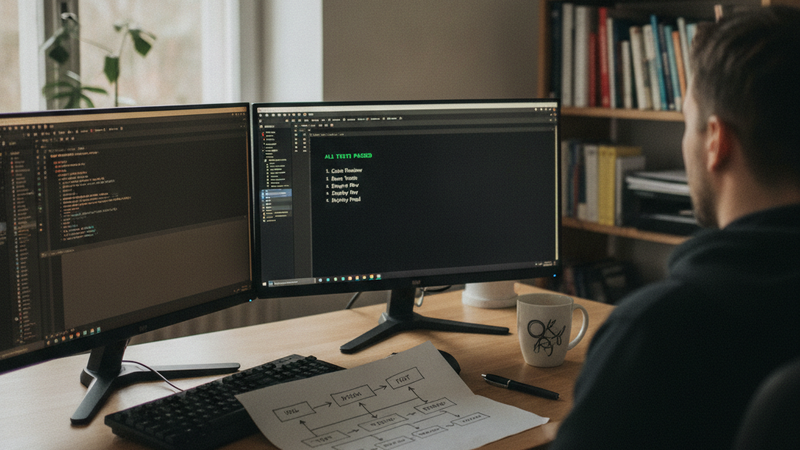 Arbeitsplatz in einem Entwicklerbüro: zwei Bildschirme mit Code-Editor und bestandenen Tests, davor ein ausgedruckter Ablaufplan mit Pfeilen, Stift und Kaffeebecher