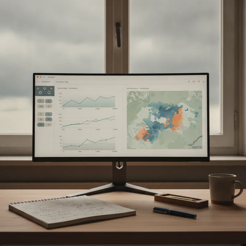Bildschirm mit einer Wetterübersicht aus Diagrammen, Regenradar und Messwerten, daneben ein Notizbuch mit handschriftlichen Schwellenwerten in einem deutschen Büro